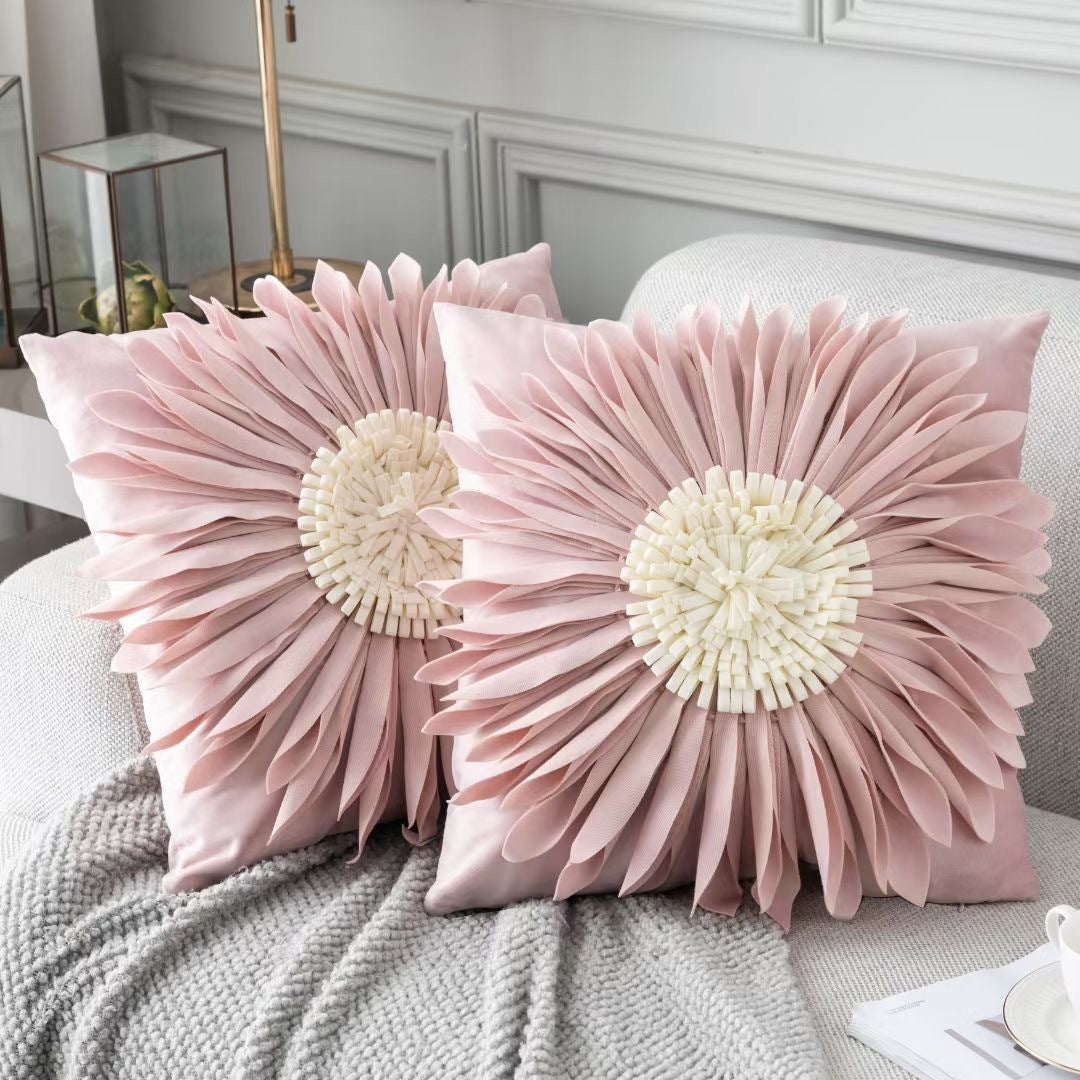 Modern Velvet 3D Chrysanthemum Throw Pillow – Fashionable Blue Cushion Case