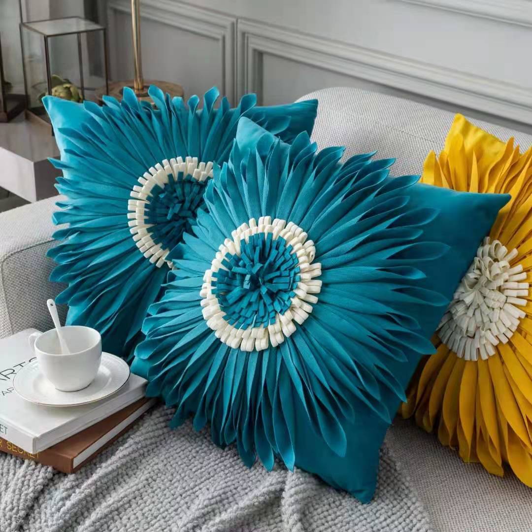 Modern Velvet 3D Chrysanthemum Throw Pillow – Fashionable Blue Cushion Case