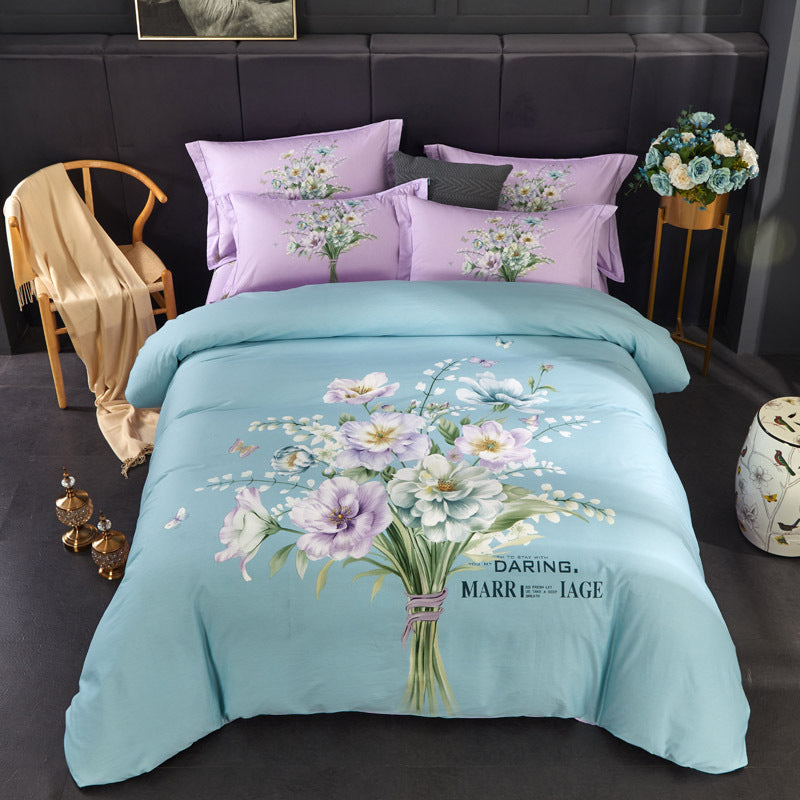 Four-Piece Cotton Bedding Set – Soft, Floral Patterned Quilt Cover and Pillowcases