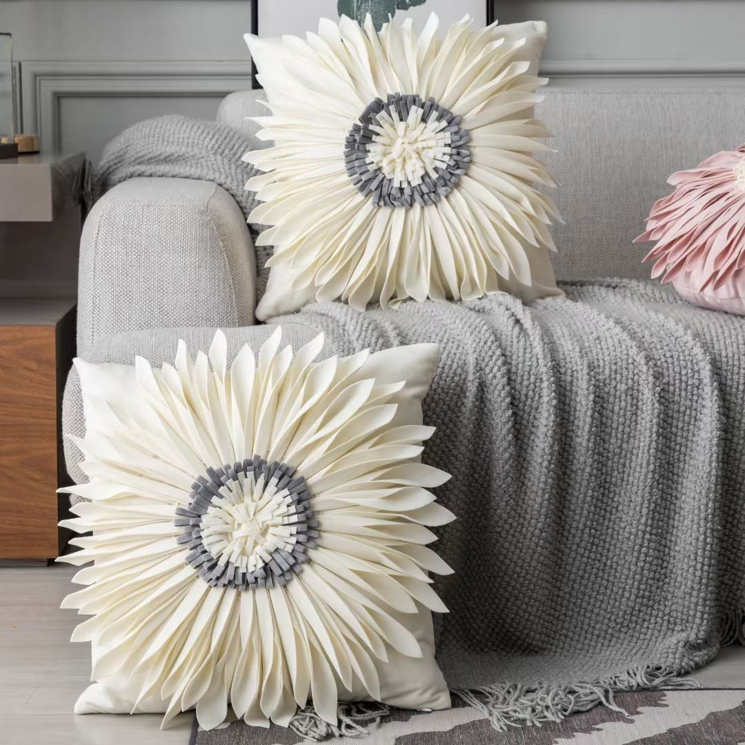 Modern Velvet 3D Chrysanthemum Throw Pillow – Fashionable Blue Cushion Case