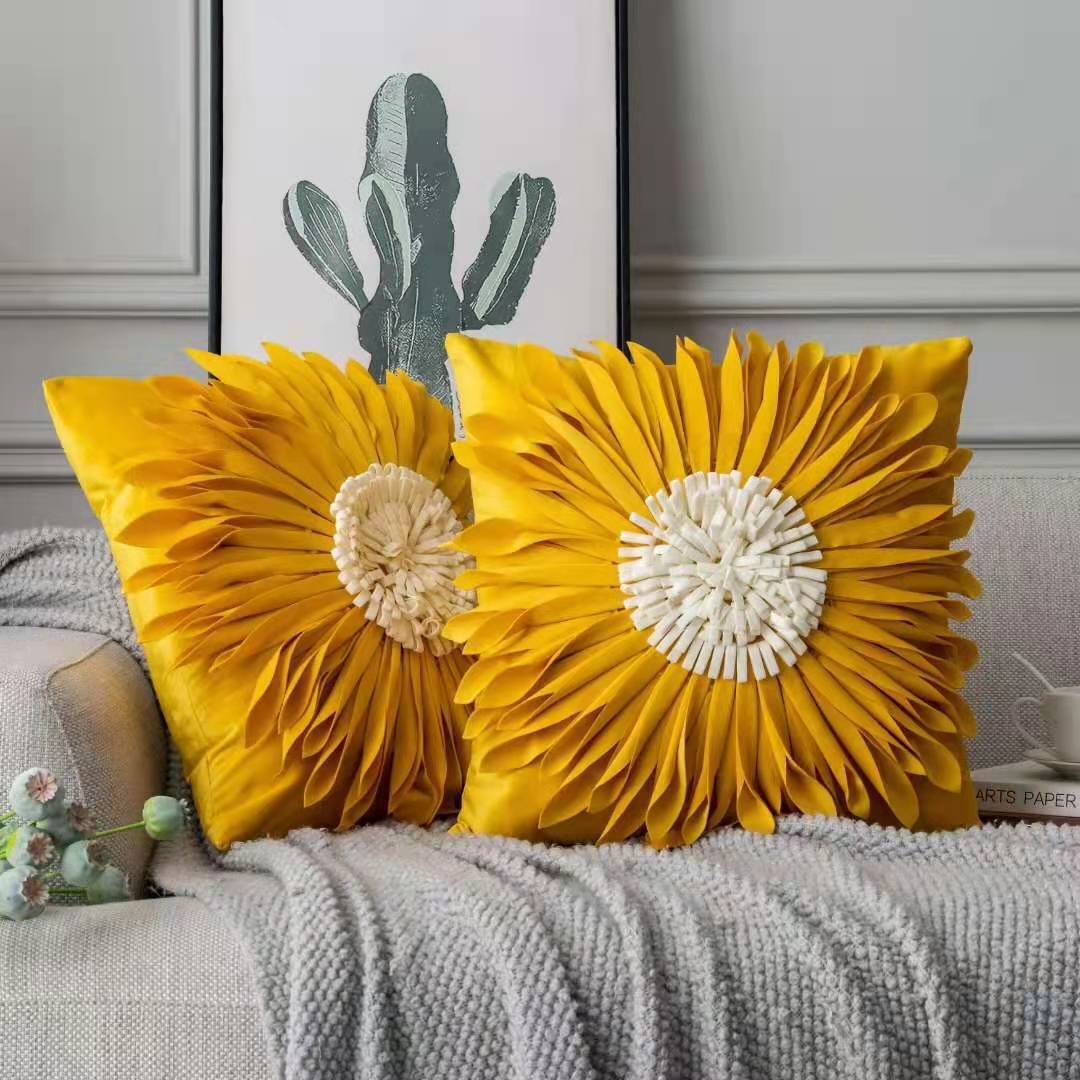 Modern Velvet 3D Chrysanthemum Throw Pillow – Fashionable Blue Cushion Case