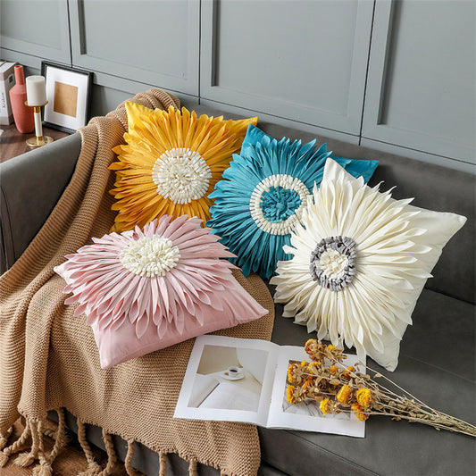 Modern Velvet 3D Chrysanthemum Throw Pillow – Fashionable Blue Cushion Case
